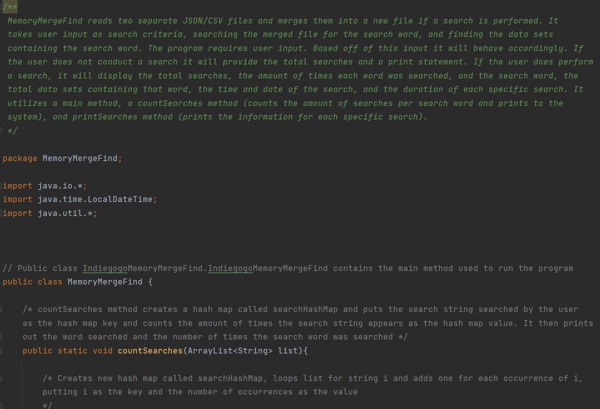 An image of Java code for the Memory Merge Find 
                    Project.