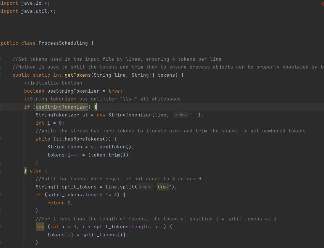 An image of Java code for the Process Scheduler 
                        Project.